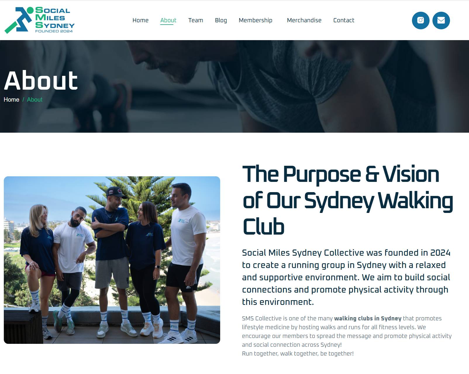 Social Miles Sydney website screenshot describing the purpose and vision of the walking club.