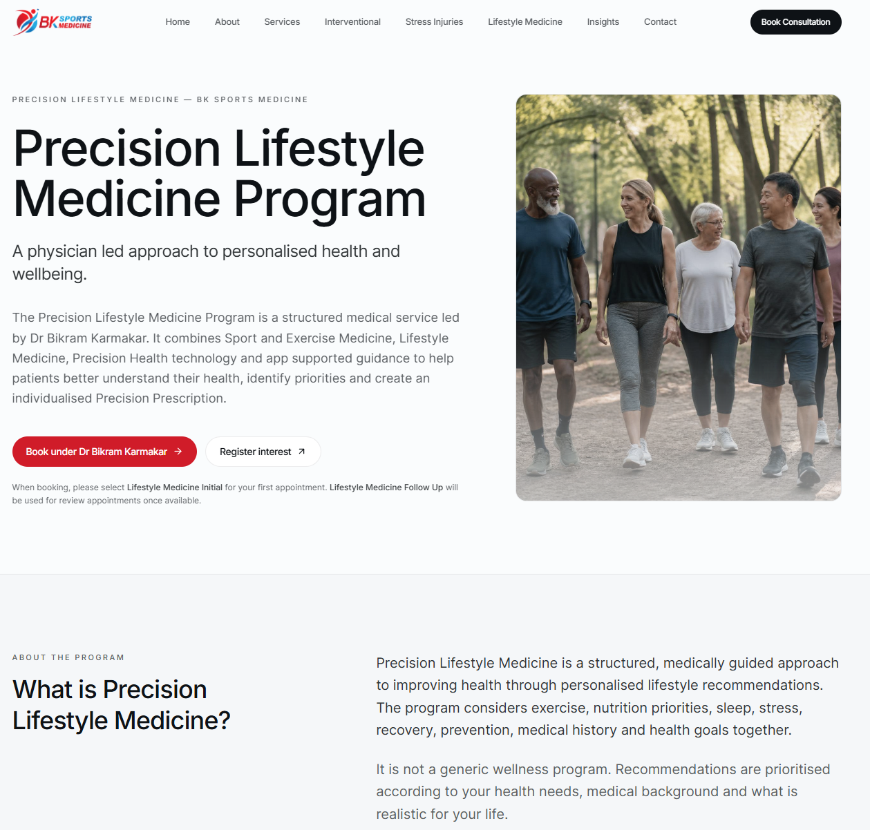 Screenshot of the BK Sports Medicine Precision Lifestyle Medicine page explaining the program.